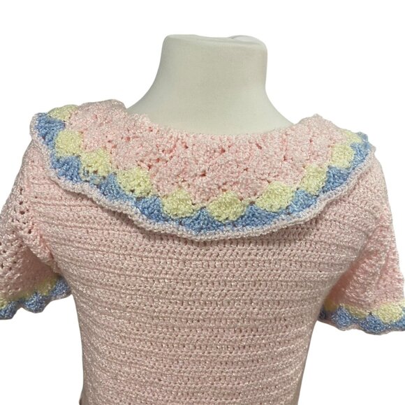 Vintage Handmade Crochet women Barbie style Dress With Scallop Trim Zigzag Belt - Picture 5 of 16